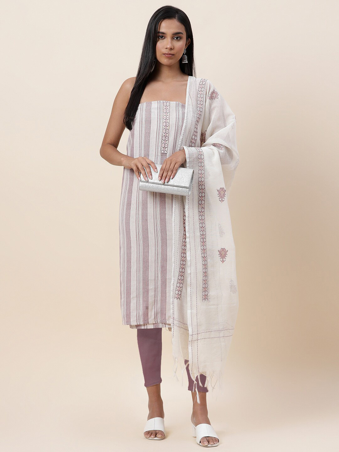 

Meena Bazaar Cream-Coloured & Purple Pure Cotton Unstitched Dress Material