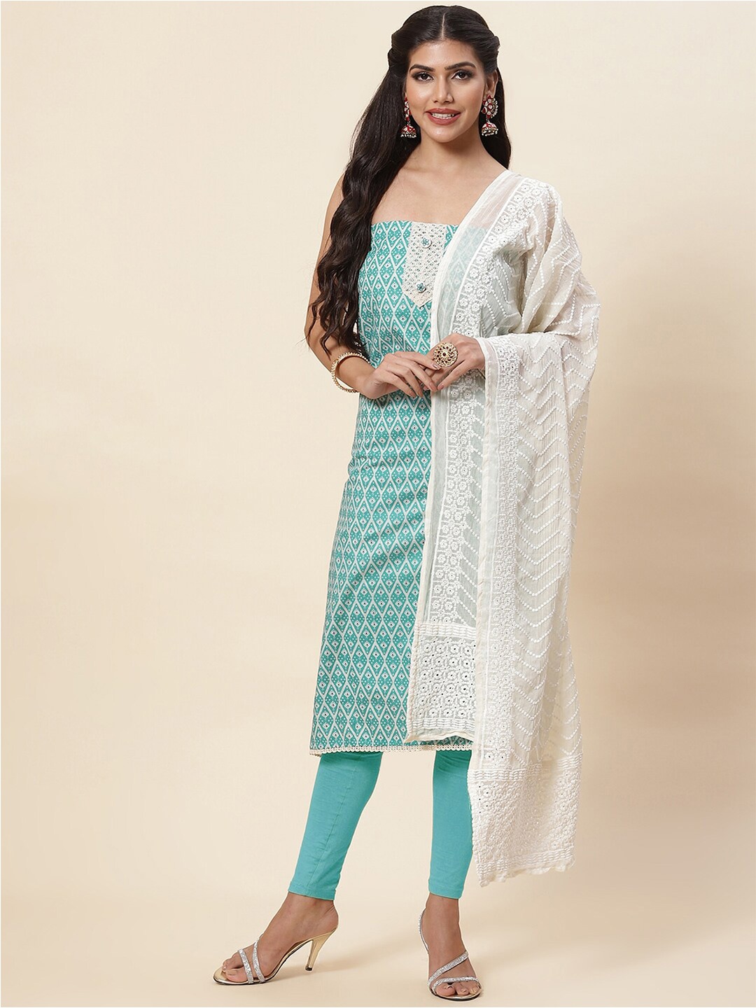

Meena Bazaar Green & White Printed Pure Cotton Unstitched Dress Material