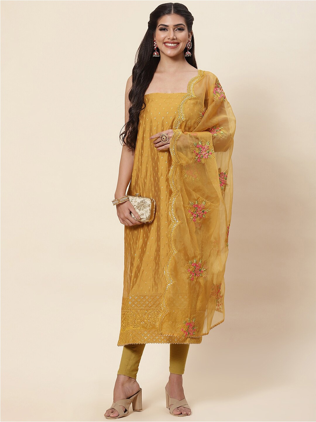 

Meena Bazaar Embroidered Squinned Pure Silk Unstitched Dress Material, Mustard