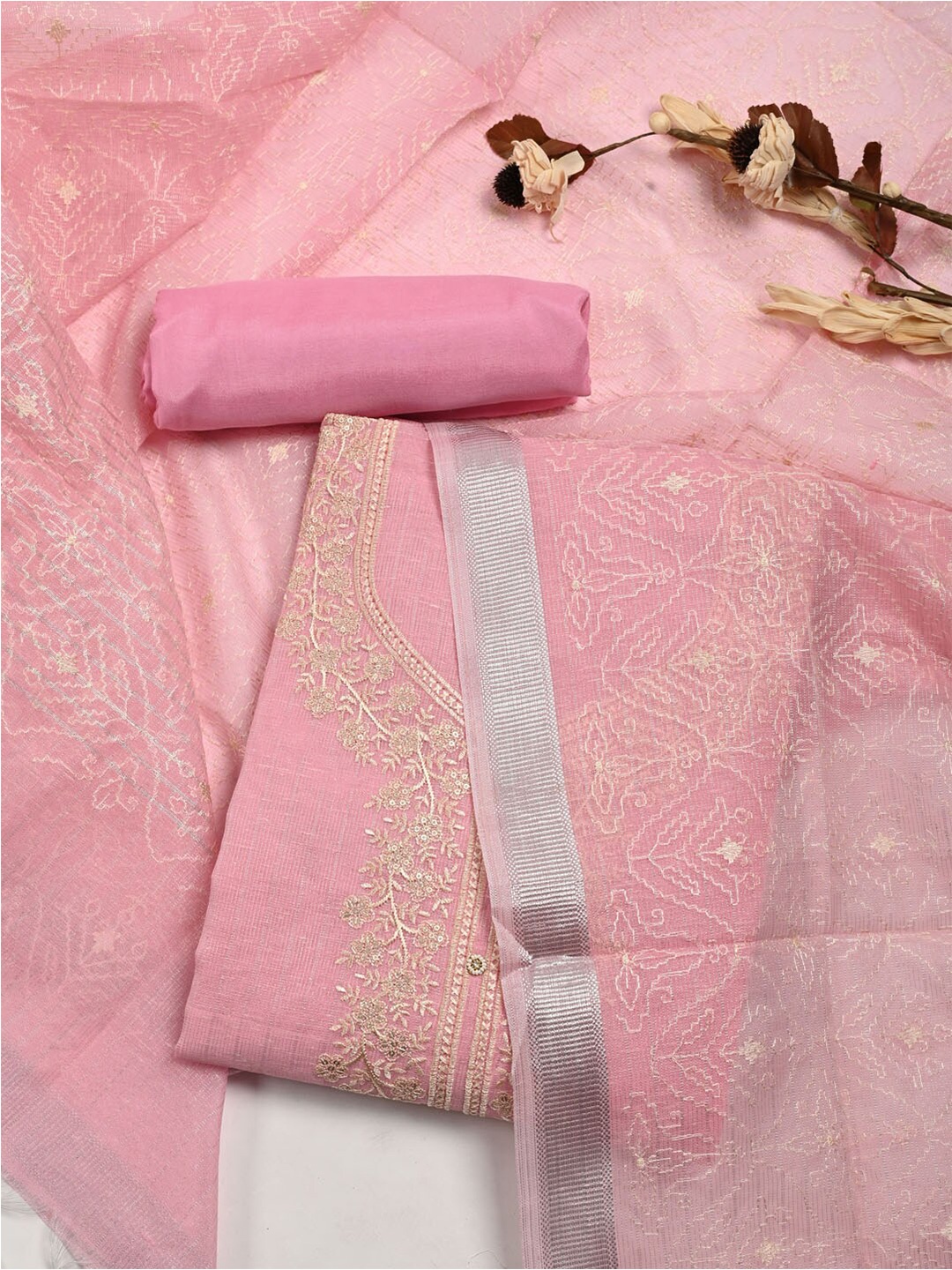 

Meena Bazaar Pink & White Embroidered Pure Silk Unstitched Dress Material