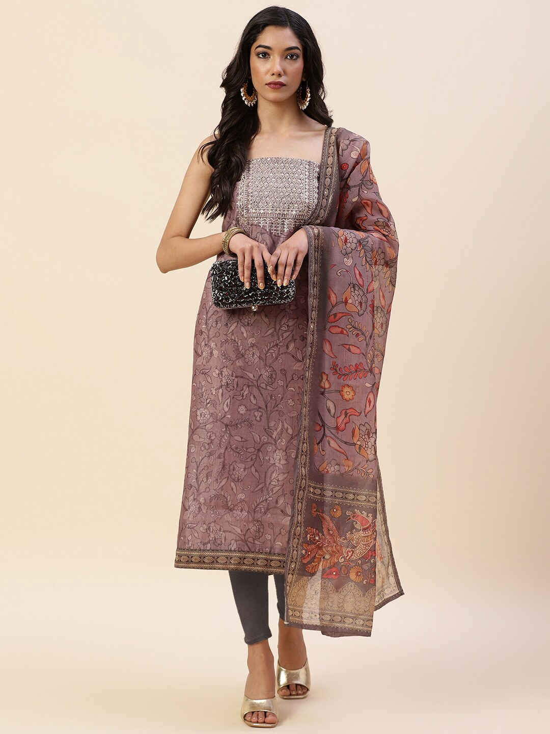 

Meena Bazaar Embroidered Pure Silk Unstitched Dress Material, Grey