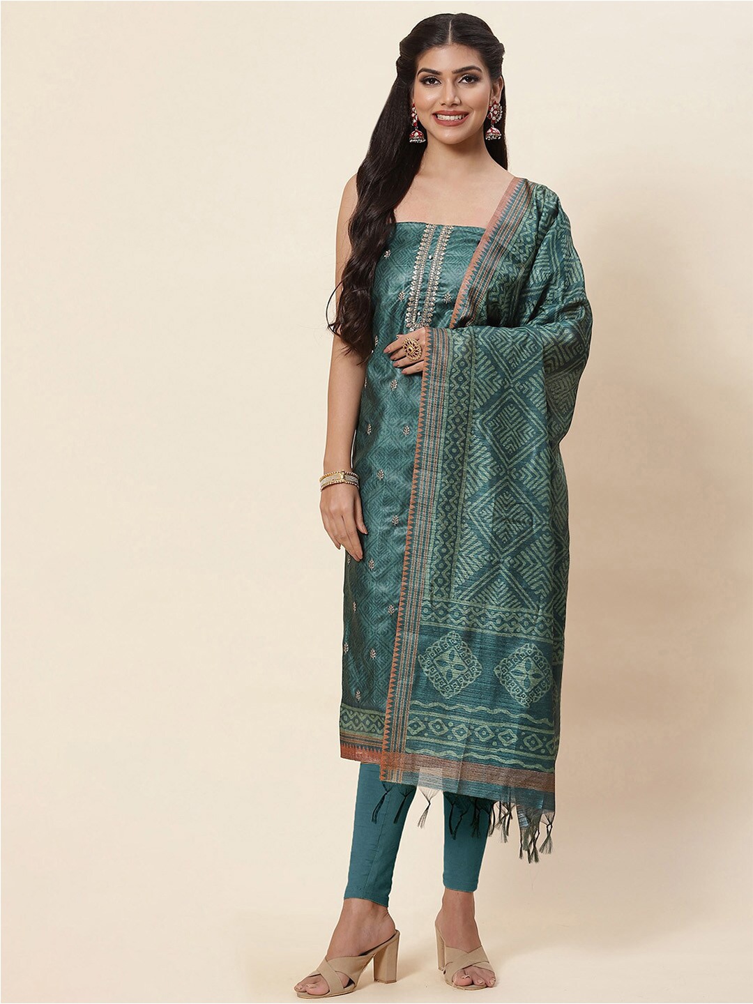 

Meena Bazaar Green & Gold-Toned Embroidered Pure Silk Unstitched Dress Material
