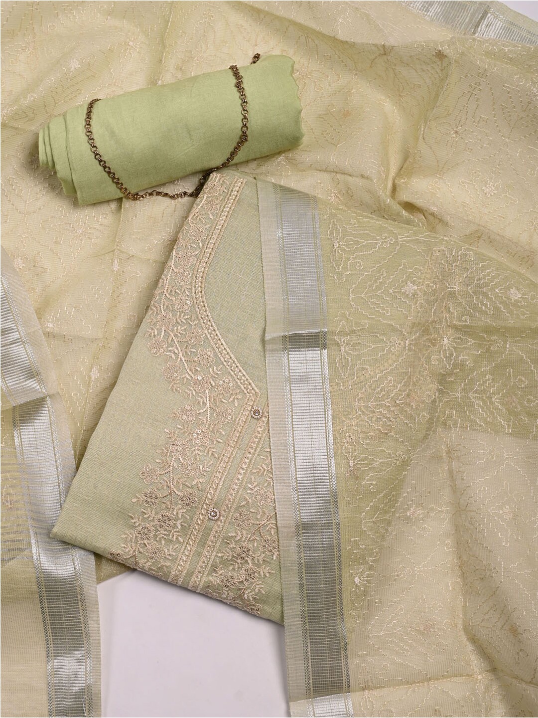 

Meena Bazaar Green & Silver-Toned Embroidered Pure Silk Unstitched Dress Material
