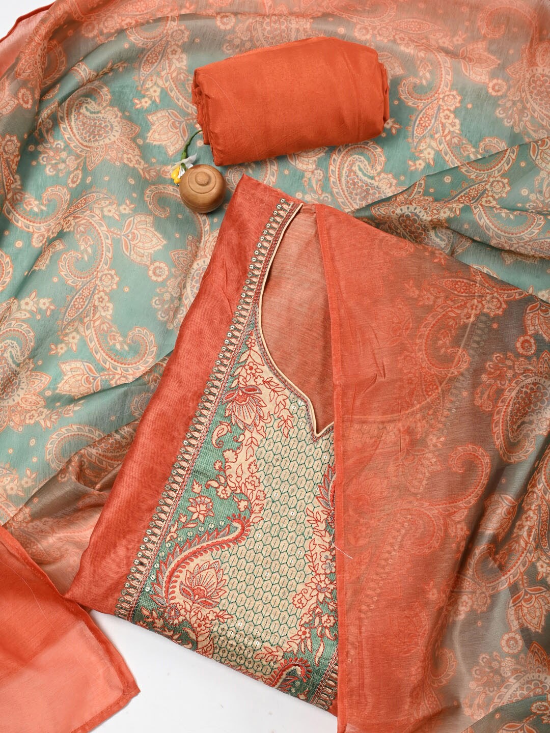 

Meena Bazaar Orange & Green Embroidered Pure Silk Unstitched Dress Material