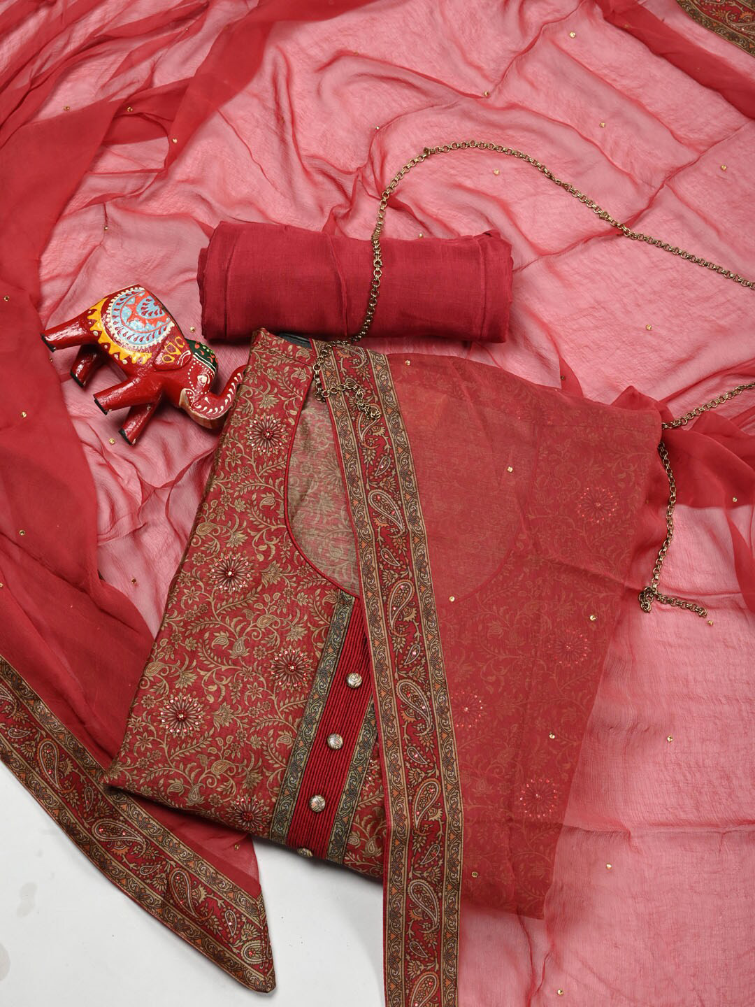 

Meena Bazaar Maroon & Black Printed Pure Silk Unstitched Dress Material