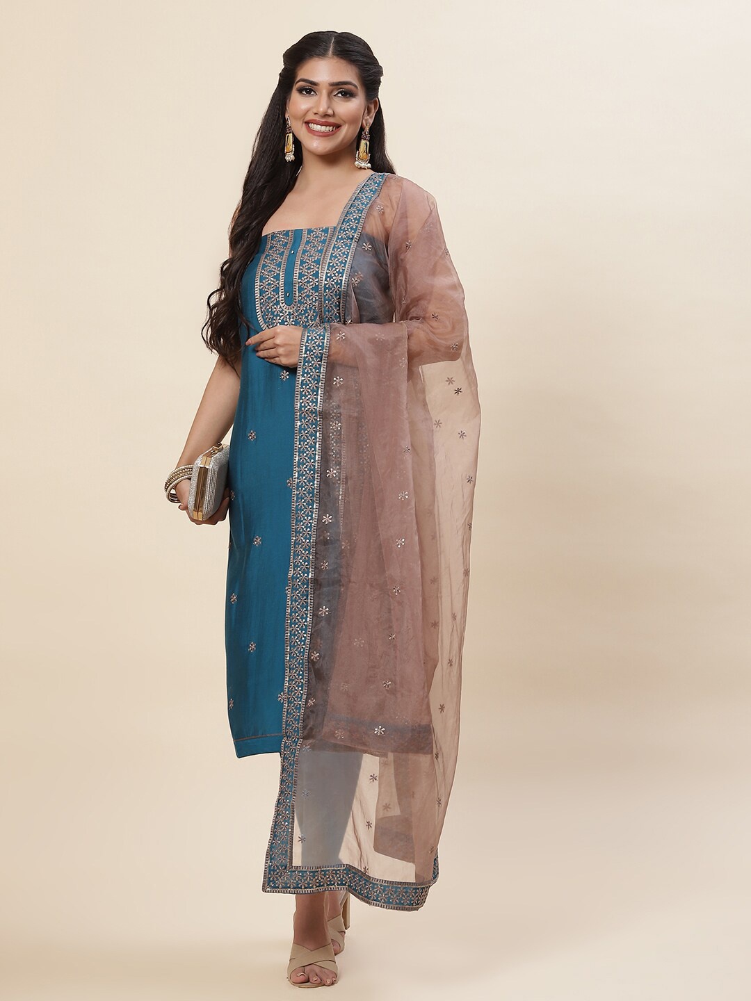 

Meena Bazaar Blue & Brown Embroidered Pure Silk Unstitched Dress Material