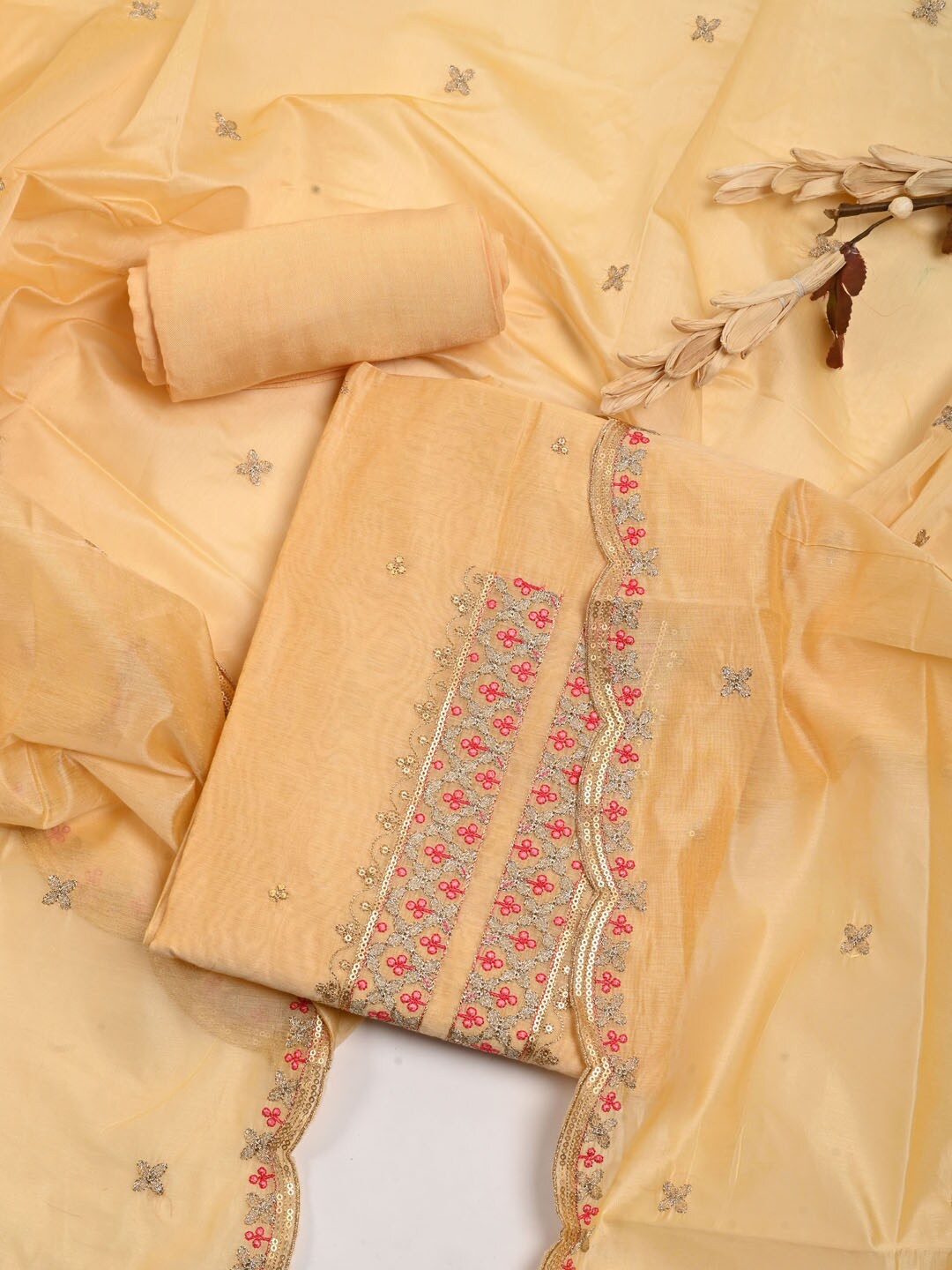 

Meena Bazaar Embroidered Pure Silk Unstitched Dress Material, Yellow