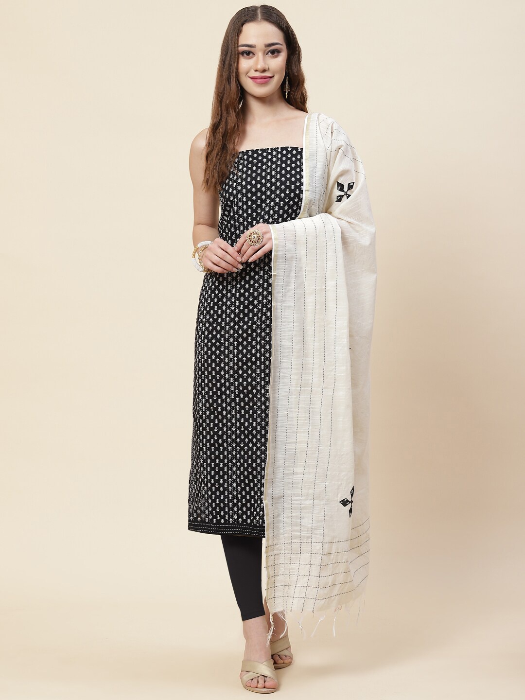 

Meena Bazaar Black & White Printed Pure Cotton Unstitched Dress Material