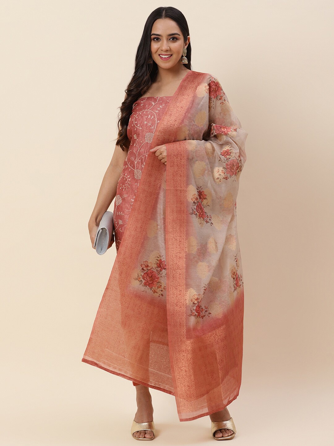 

Meena Bazaar Red & Beige Embroidered Pure Silk Unstitched Dress Material