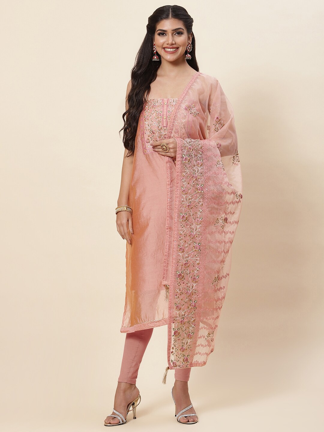 

Meena Bazaar Pink & Gold-Toned Embroidered Pure Silk Unstitched Dress Material