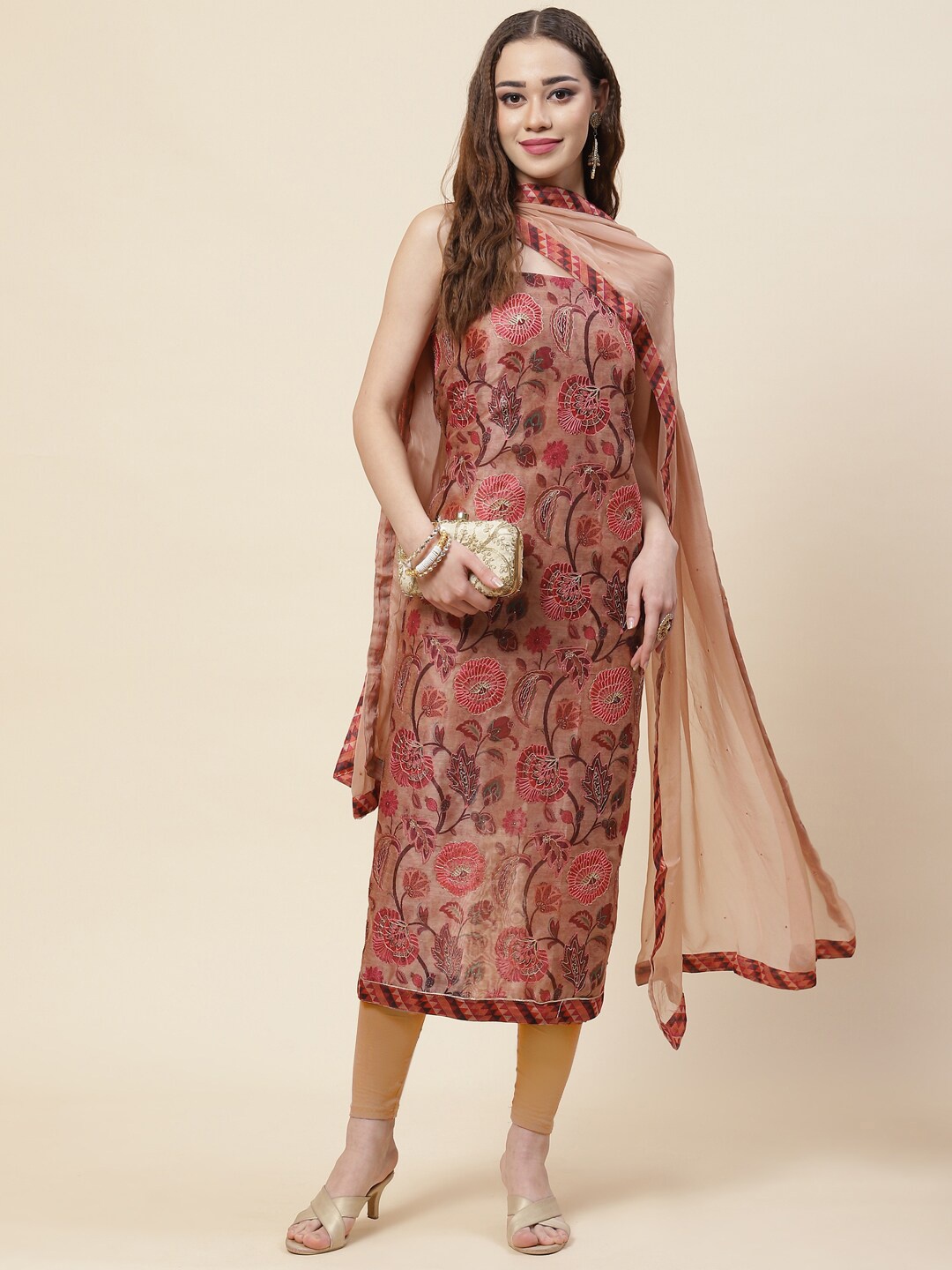 

Meena Bazaar Pink & Green Printed Pure Silk Unstitched Dress Material