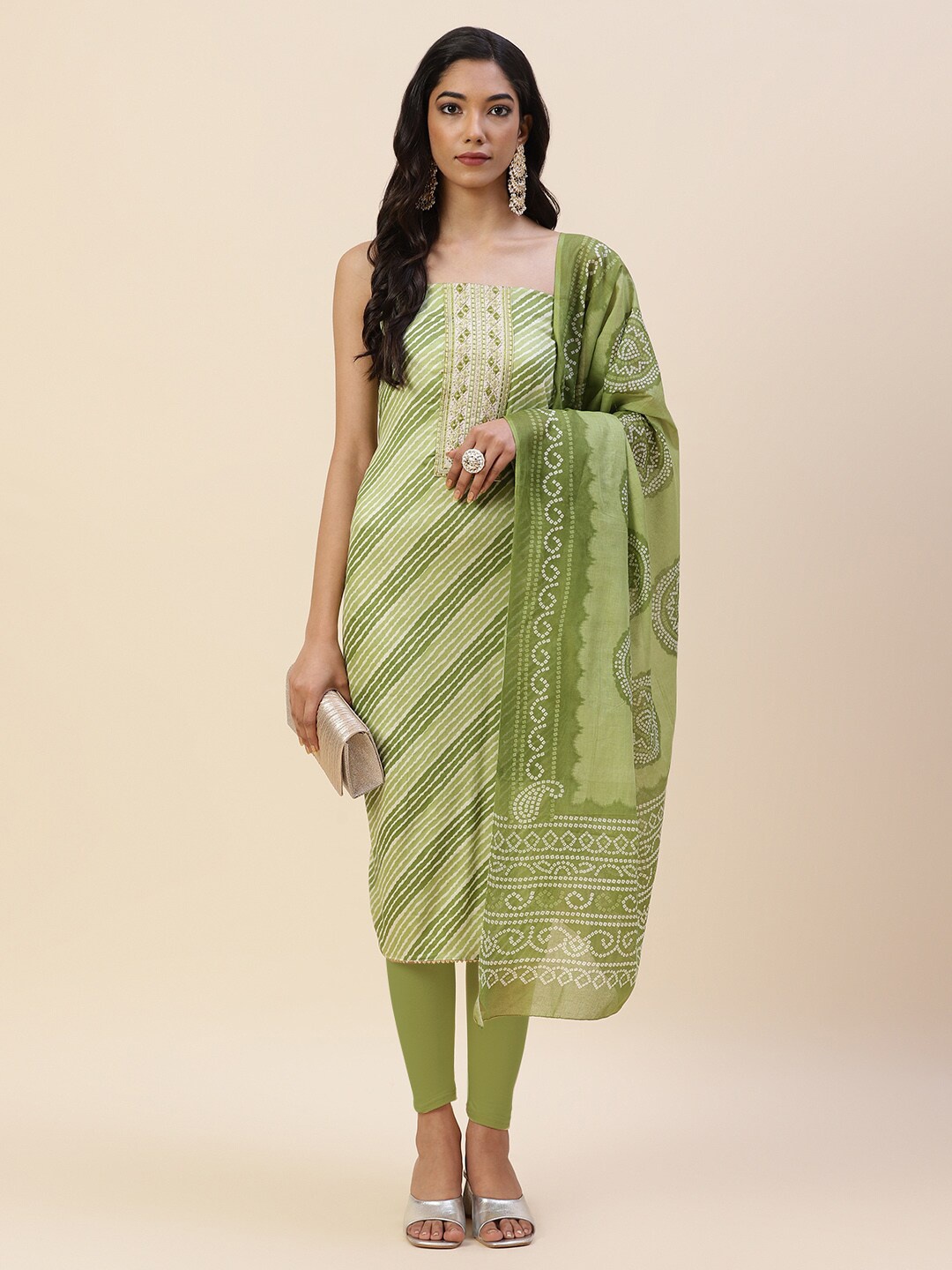 

Meena Bazaar Green & White Printed Pure Cotton Unstitched Dress Material