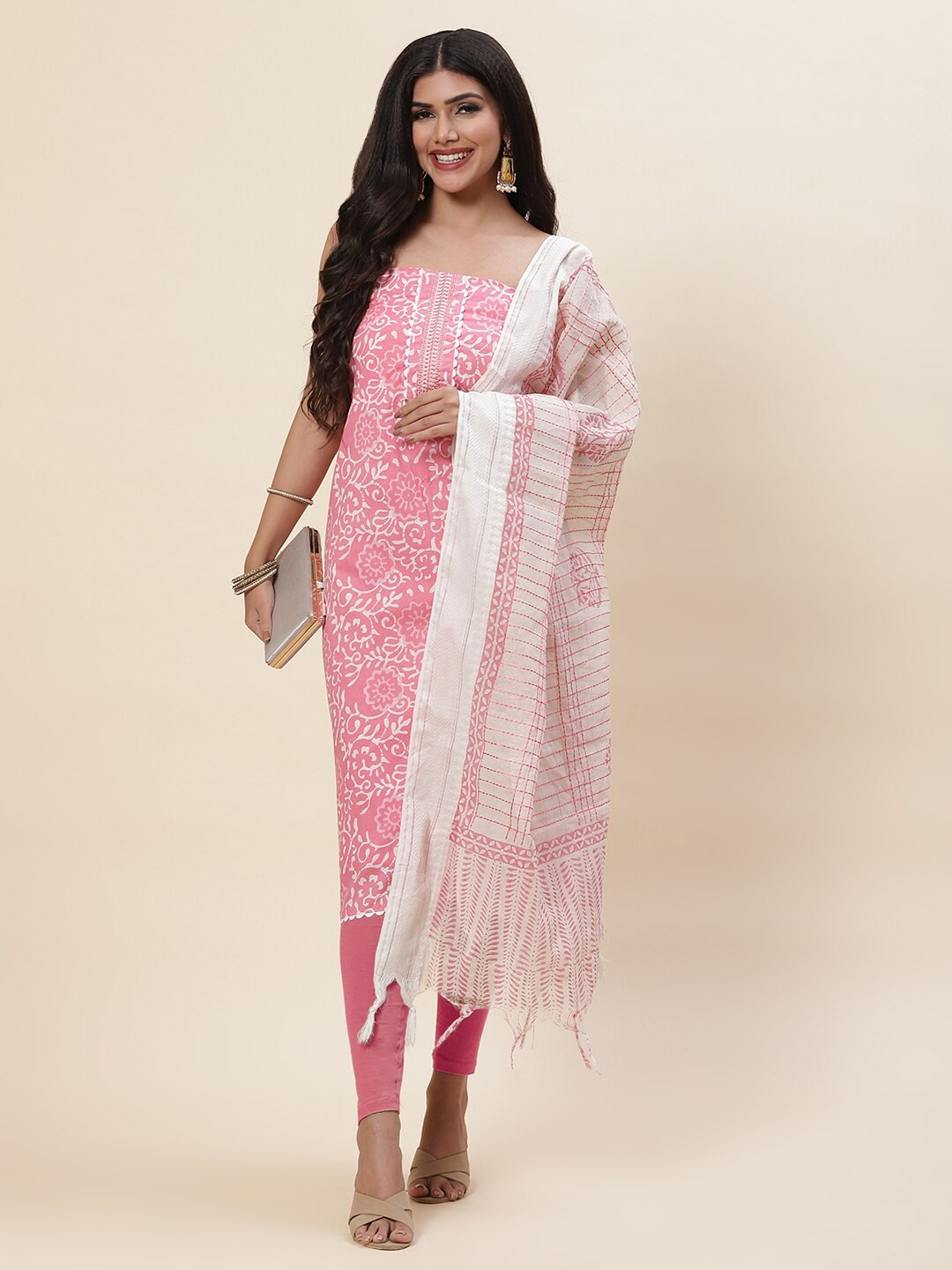 

Meena Bazaar Pink & White Printed Pure Cotton Unstitched Dress Material