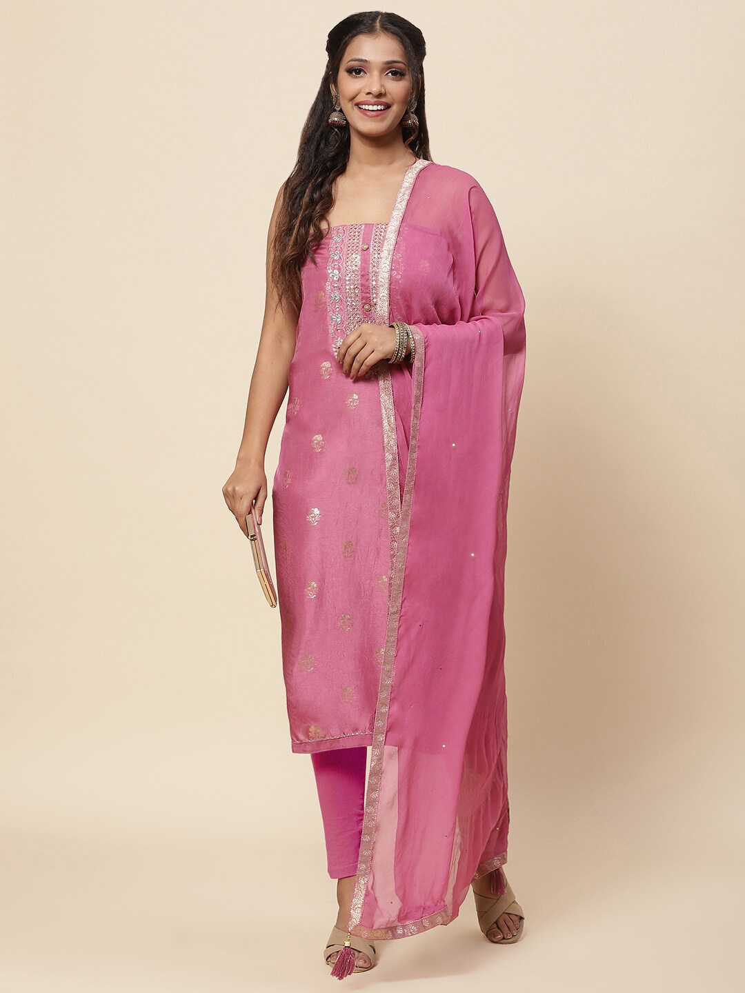 

Meena Bazaar Pink & Blue Embroidered Pure Silk Unstitched Dress Material