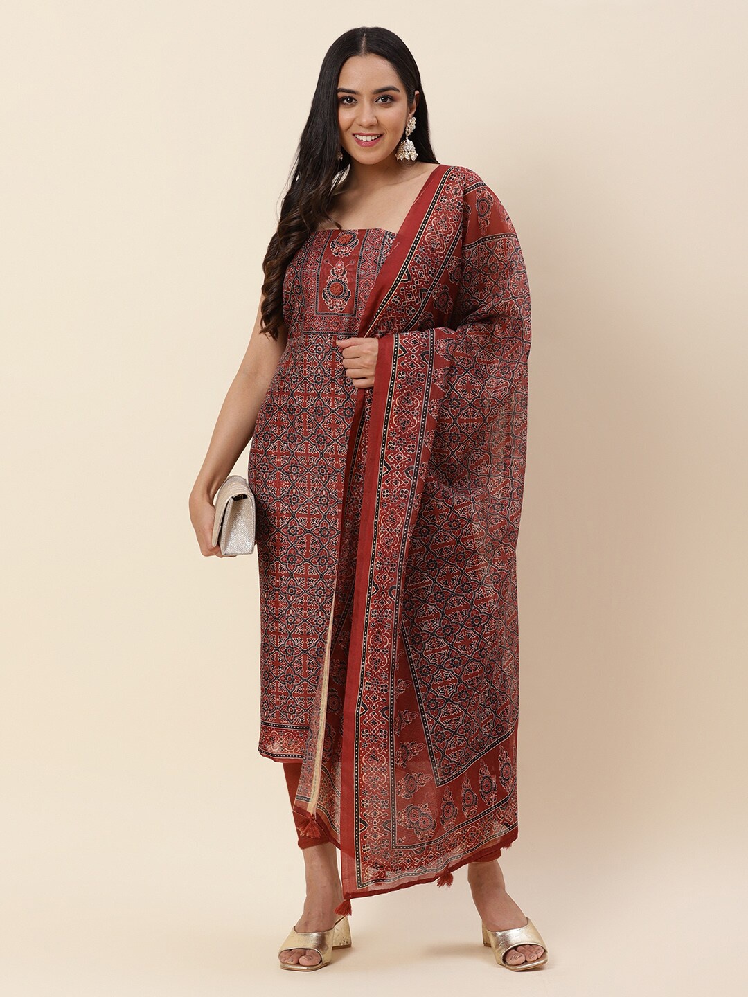 

Meena Bazaar Printed Pure Silk Unstitched Dress Material, Rust