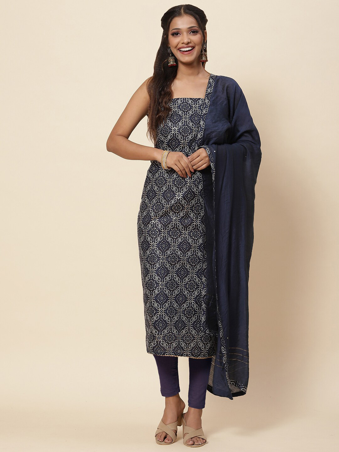 

Meena Bazaar Blue & White Printed Pure Cotton Unstitched Dress Material