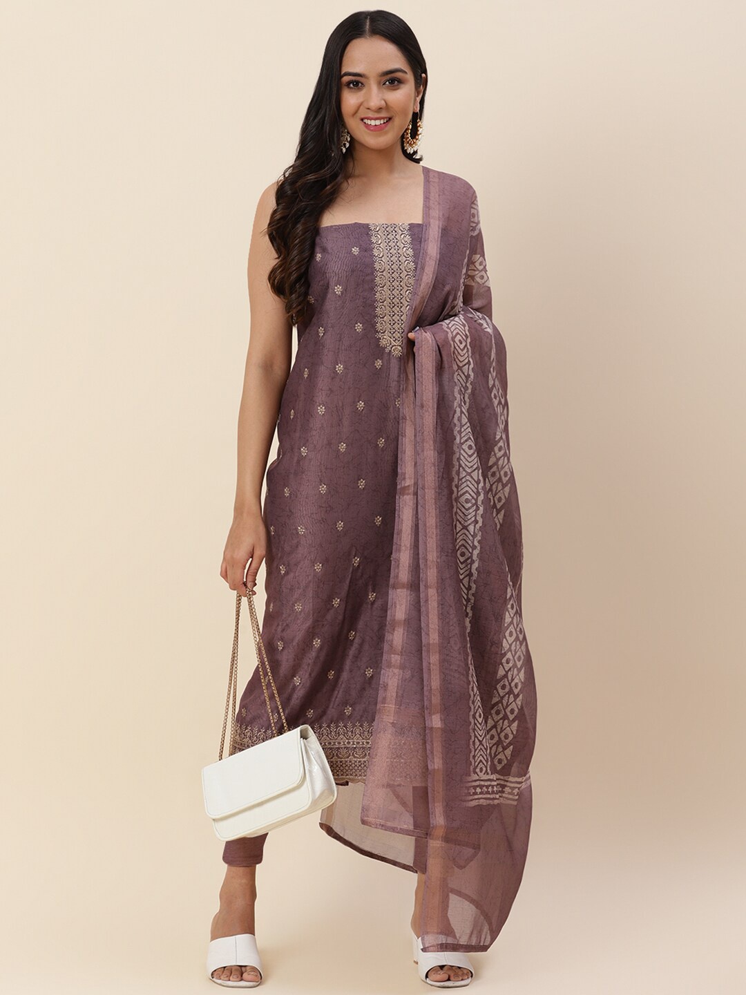 

Meena Bazaar Mauve & White Embroidered Pure Silk Unstitched Dress Material