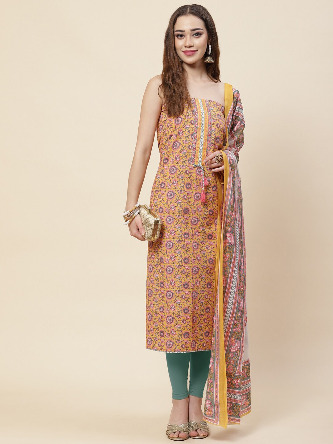 

Meena Bazaar Mustard & Green Printed Pure Cotton Unstitched Dress Material