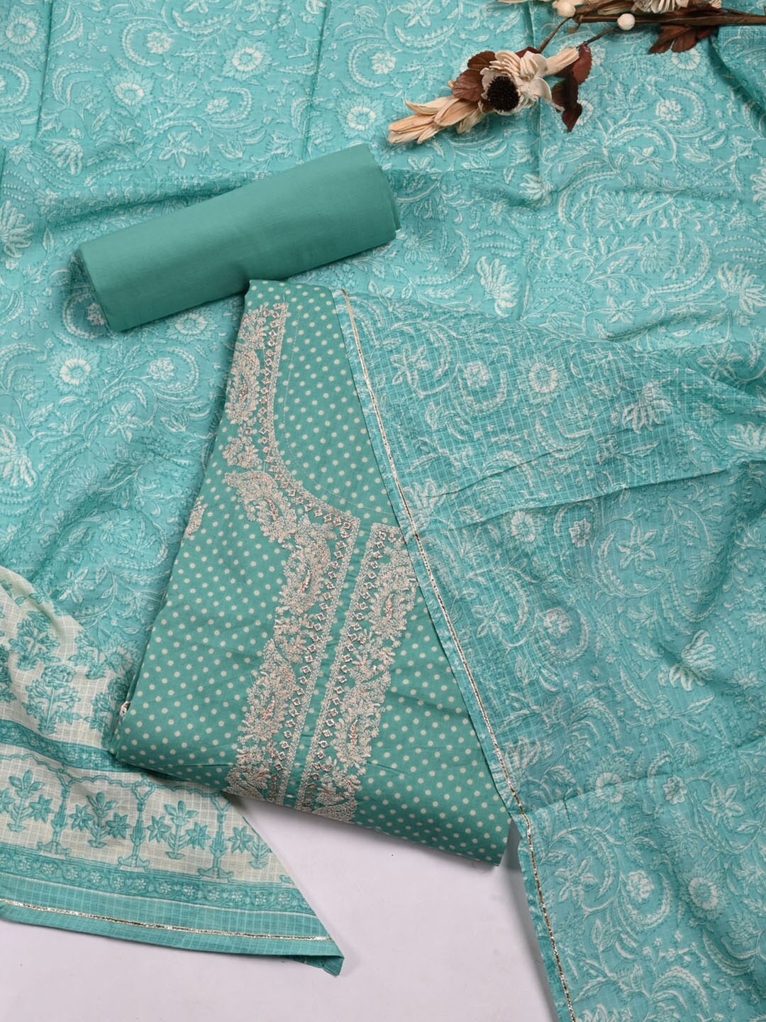 

Meena Bazaar Green & White Printed Pure Cotton Unstitched Dress Material