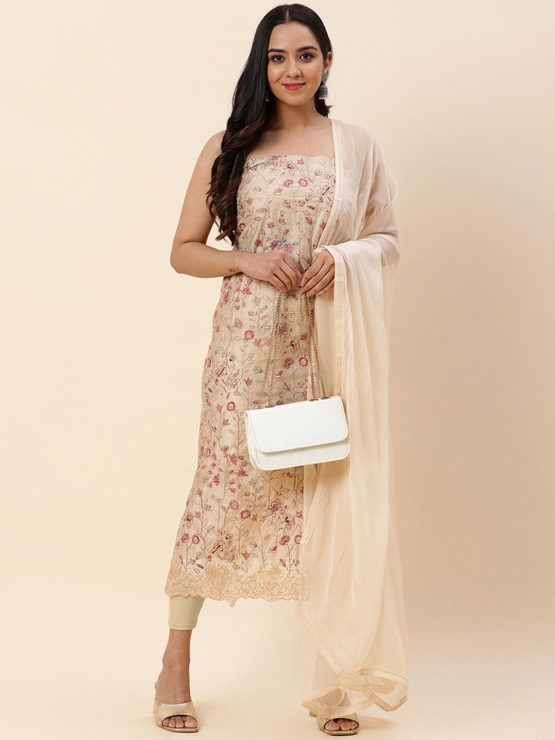 

Meena Bazaar Peach-Coloured & Cream-Coloured Printed Pure Silk Unstitched Dress Material