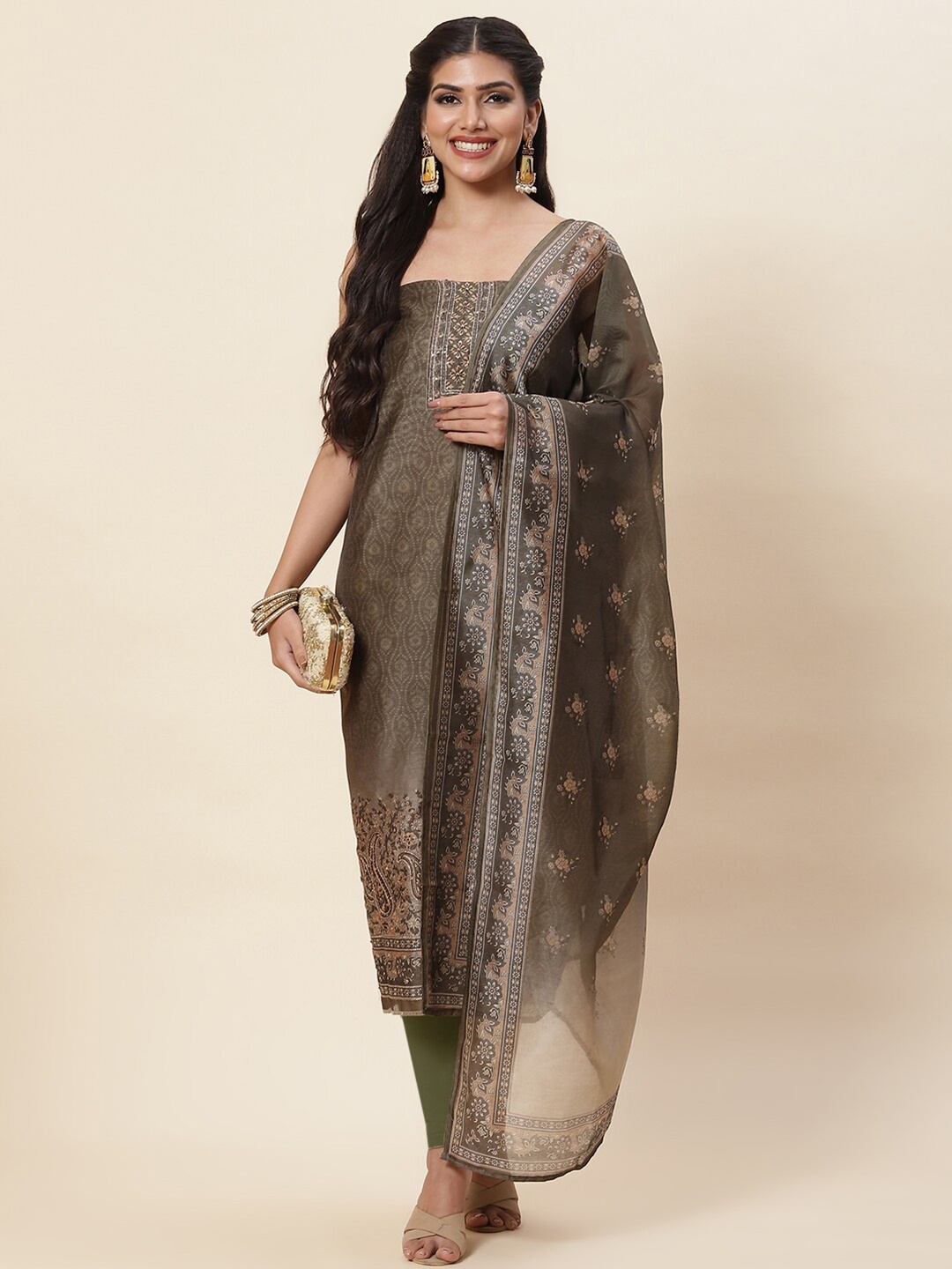 

Meena Bazaar Green & Beige Embroidered Pure Silk Unstitched Dress Material
