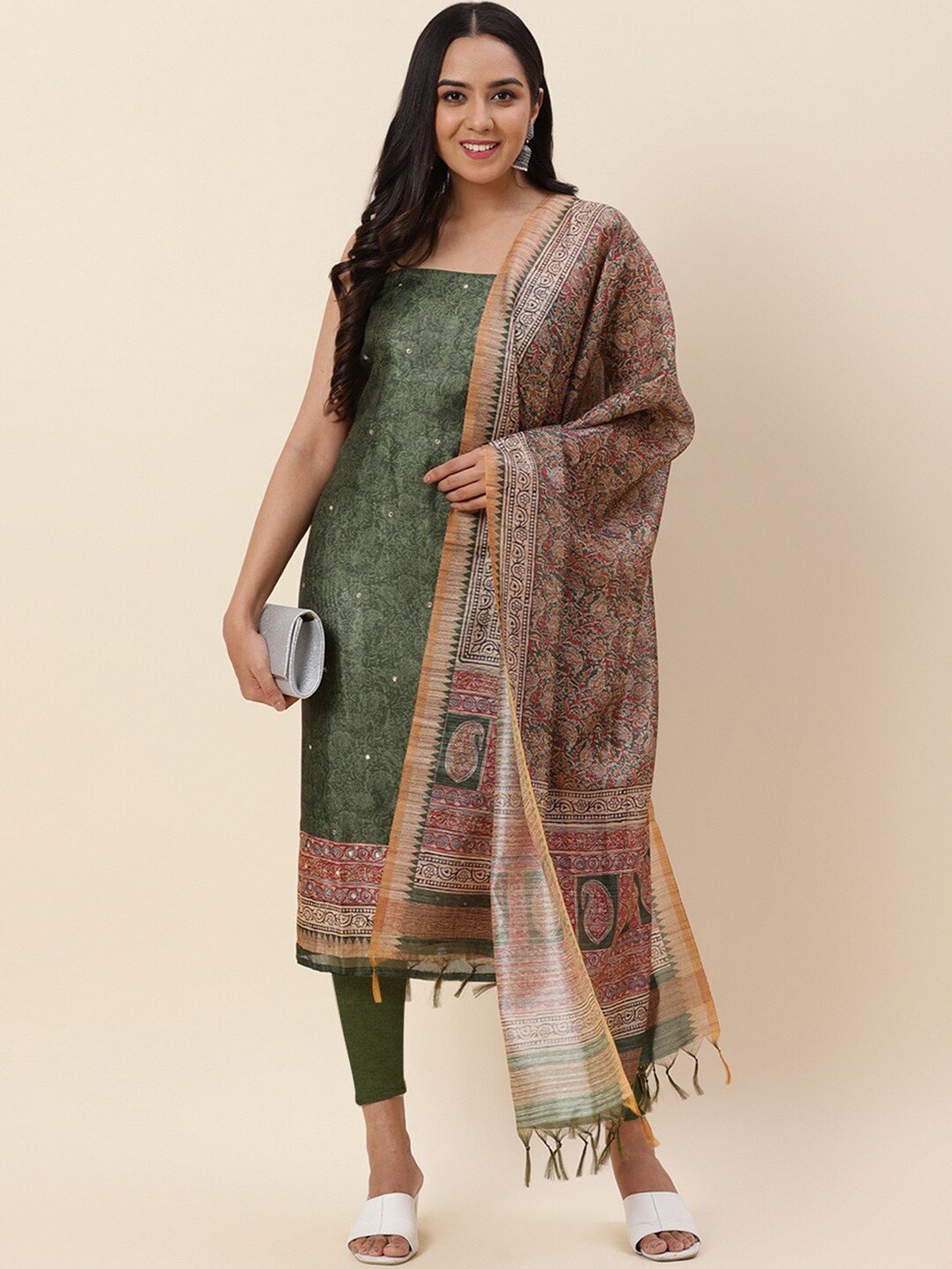 

Meena Bazaar Green & Brown Printed Pure Silk Unstitched Dress Material