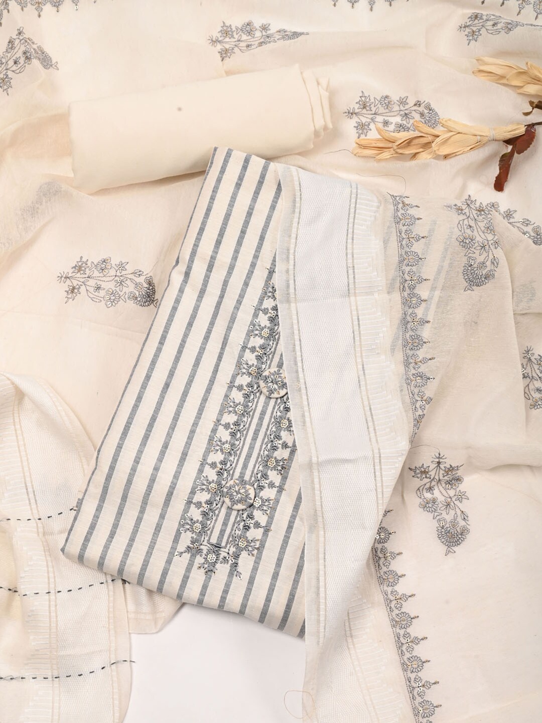 

Meena Bazaar Cream-Coloured & Grey Pure Cotton Unstitched Dress Material