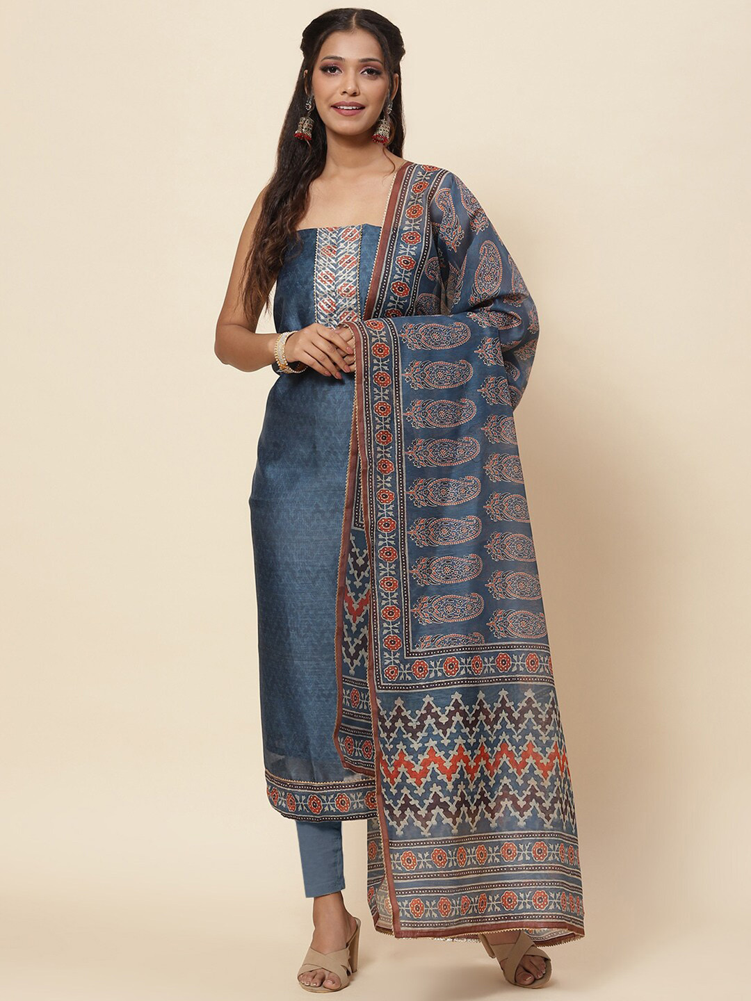

Meena Bazaar Blue & Rust Embroidered Pure Silk Unstitched Dress Material