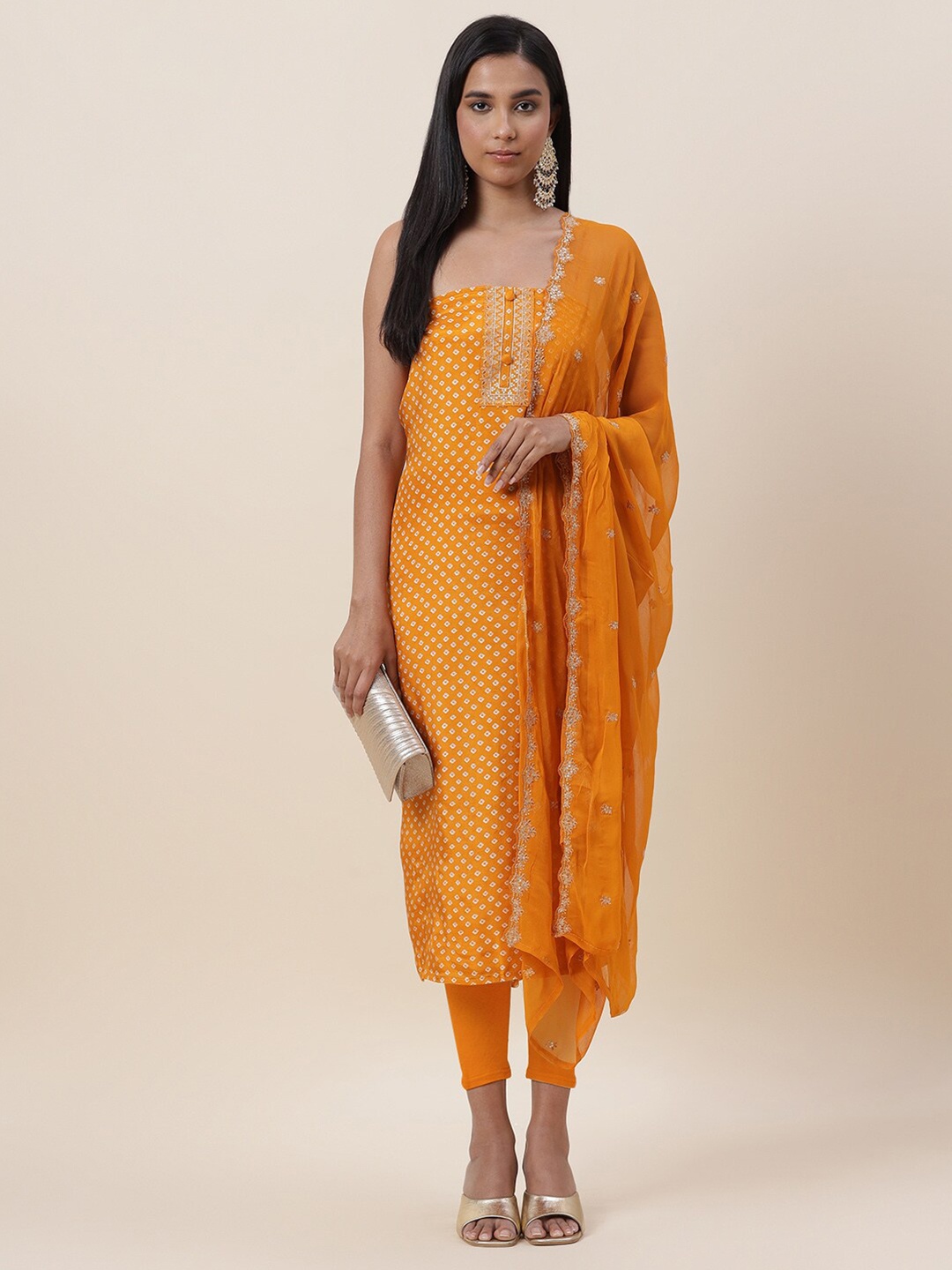 

Meena Bazaar Orange & White Printed Pure Cotton Unstitched Dress Material