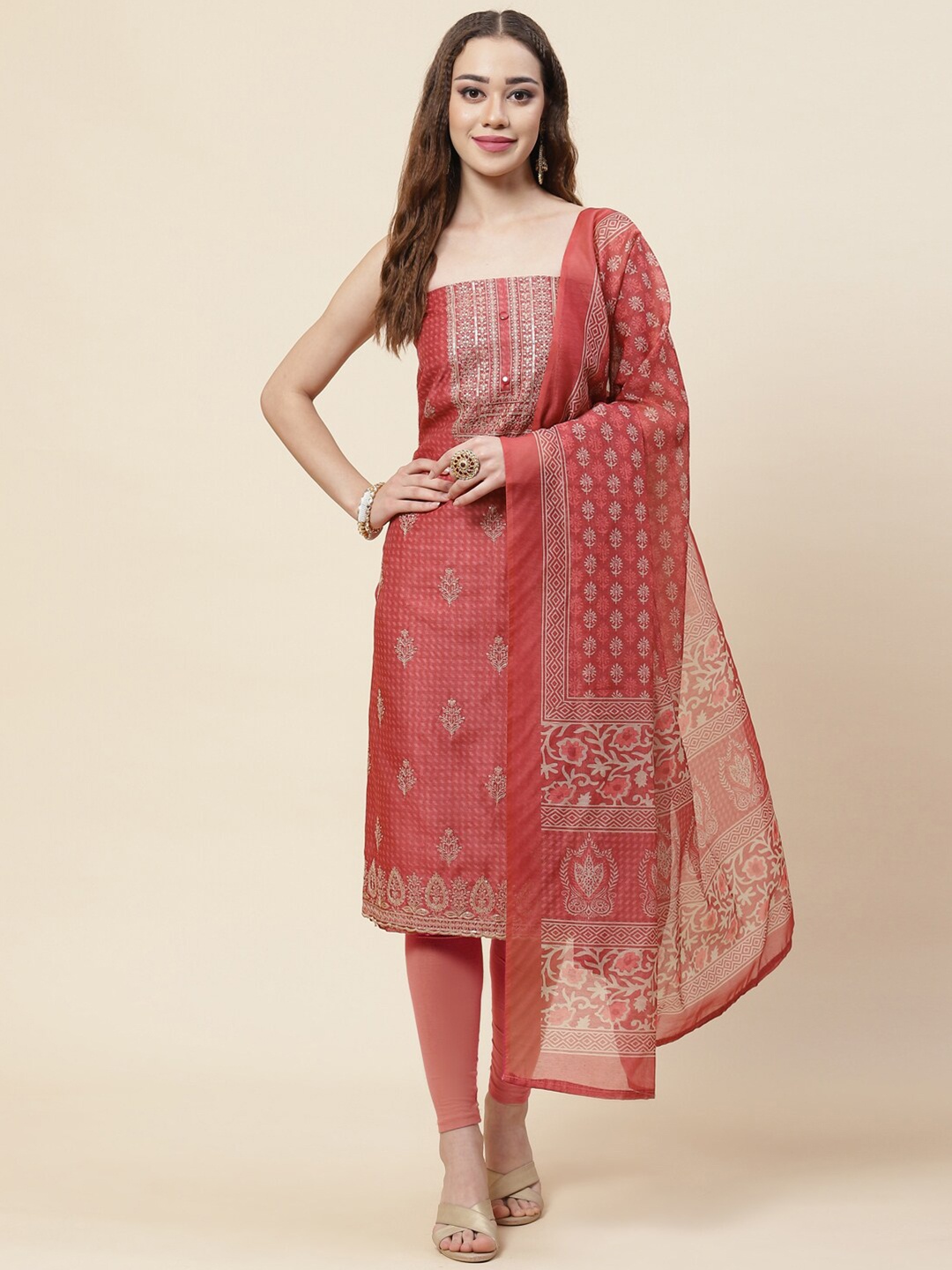 

Meena Bazaar Red & Beige Printed Pure Silk Unstitched Dress Material