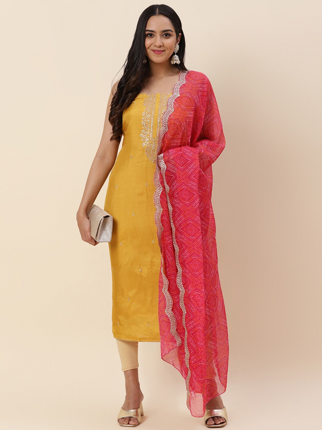 

Meena Bazaar Floral Embroidered Pure Silk Unstitched Dress Material, Mustard