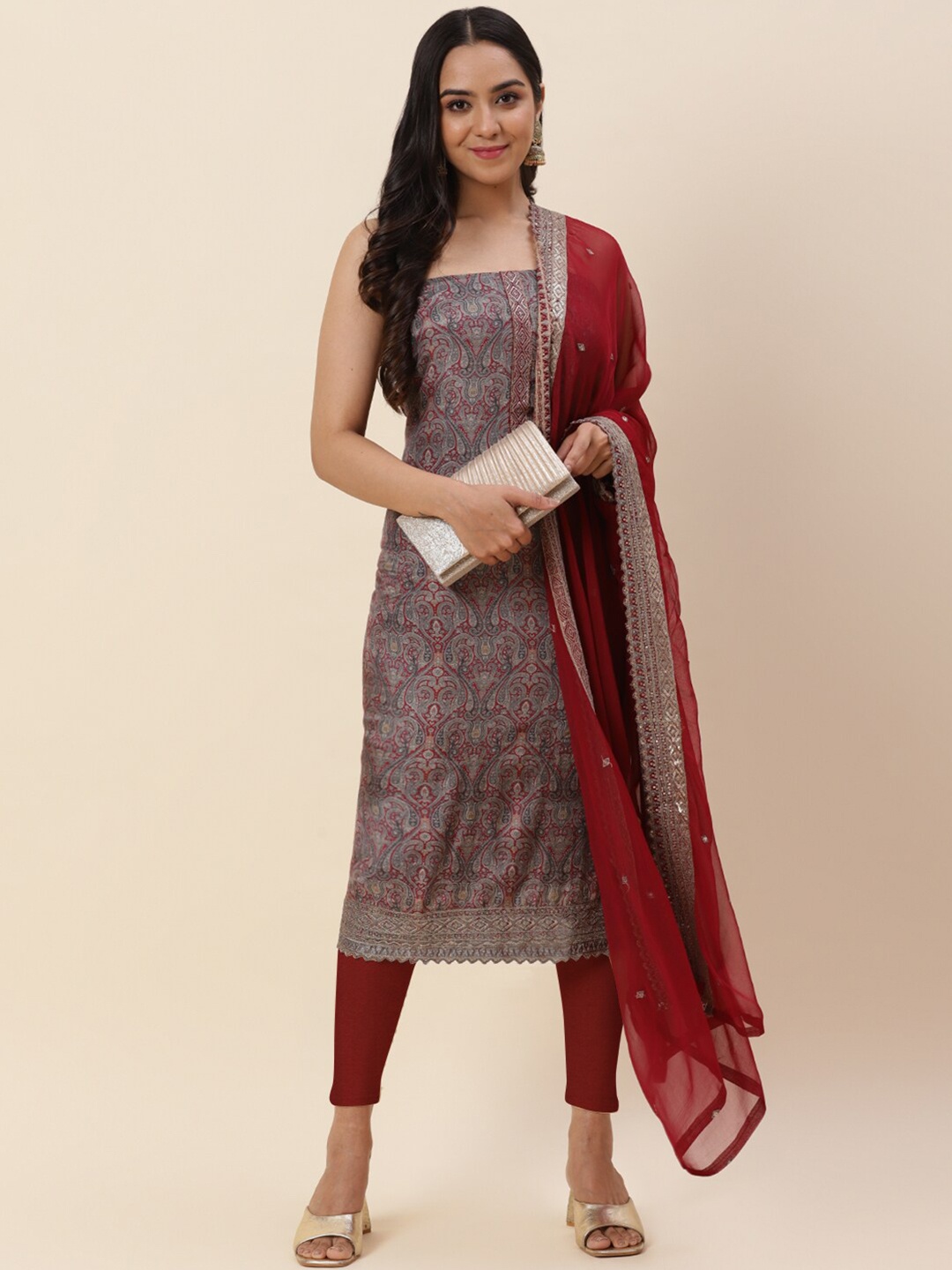 

Meena Bazaar Maroon & Grey Embroidered Pure Cotton Unstitched Dress Material