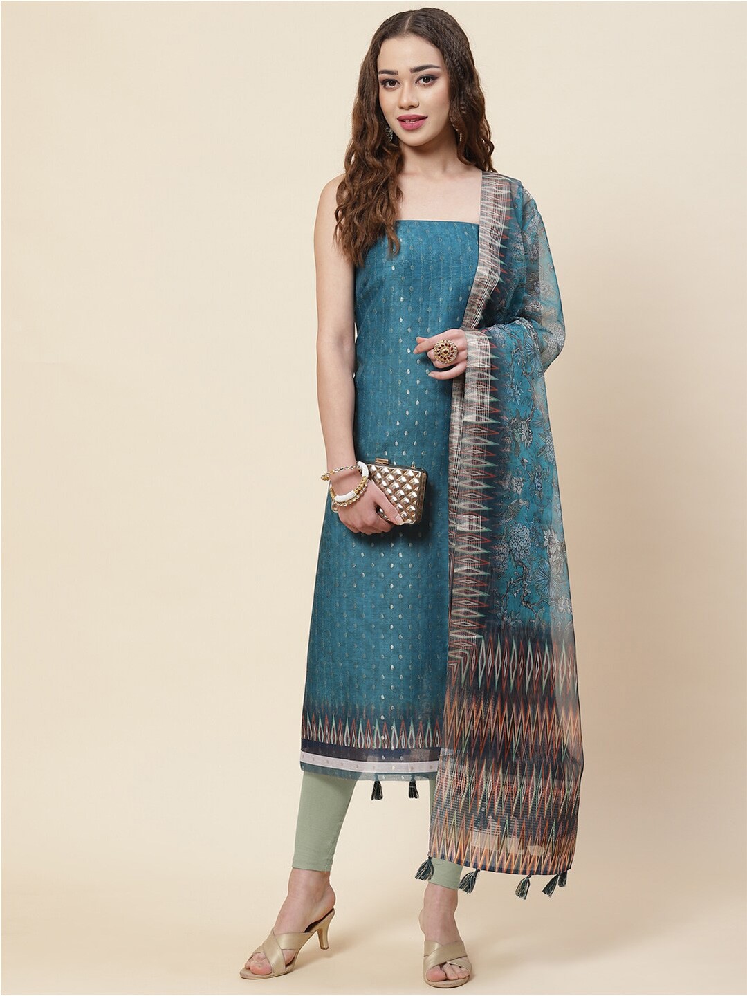 

Meena Bazaar Blue & Silver-Toned Pure Silk Unstitched Dress Material