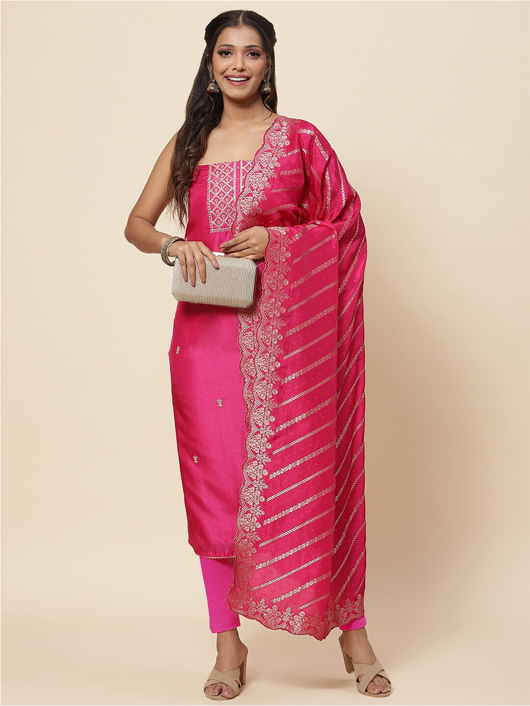 

Meena Bazaar Pink & Silver-Toned Embroidered Pure Silk Unstitched Dress Material