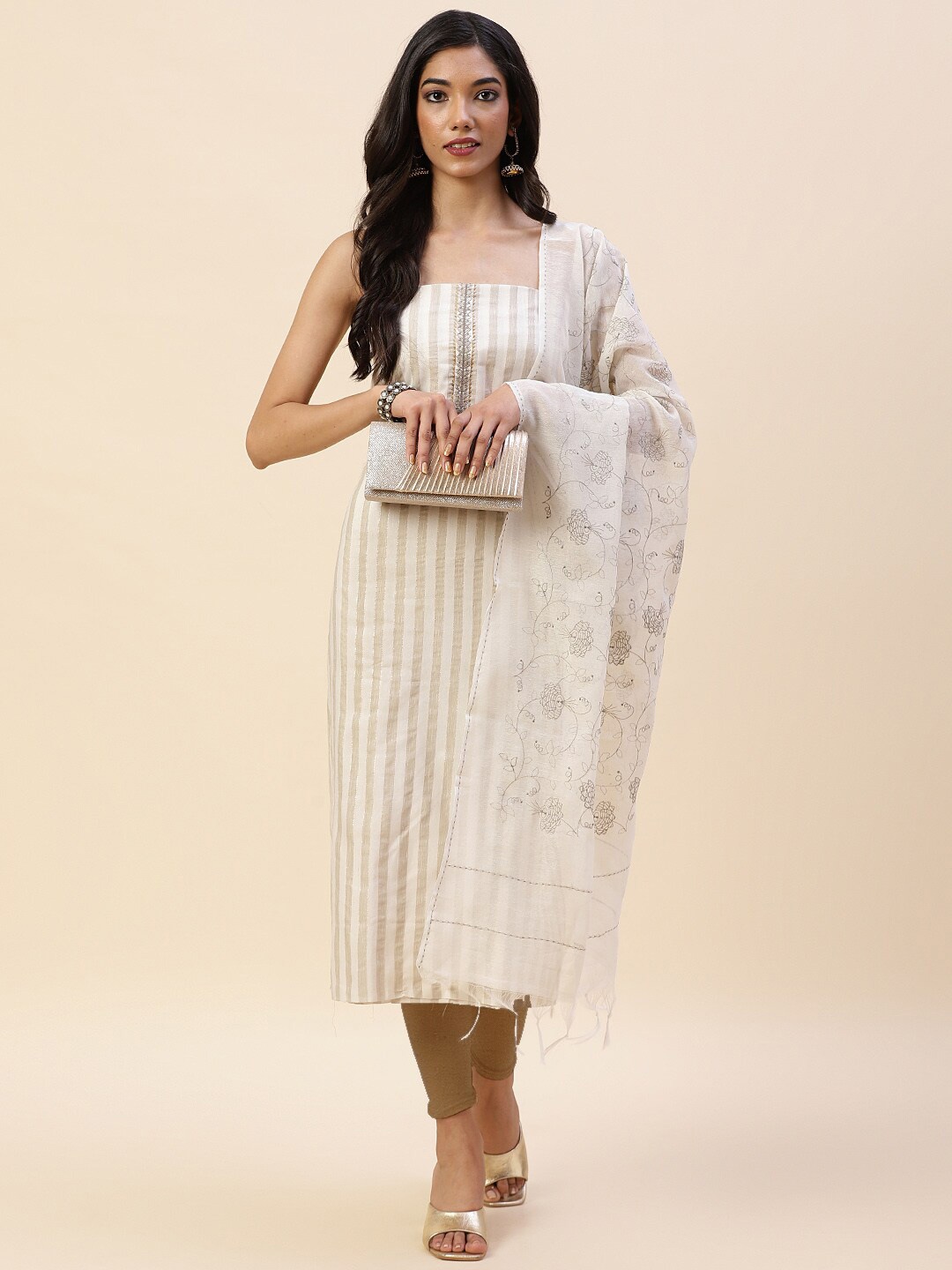 

Meena Bazaar Cream-Coloured & Gold-Toned Pure Cotton Unstitched Dress Material