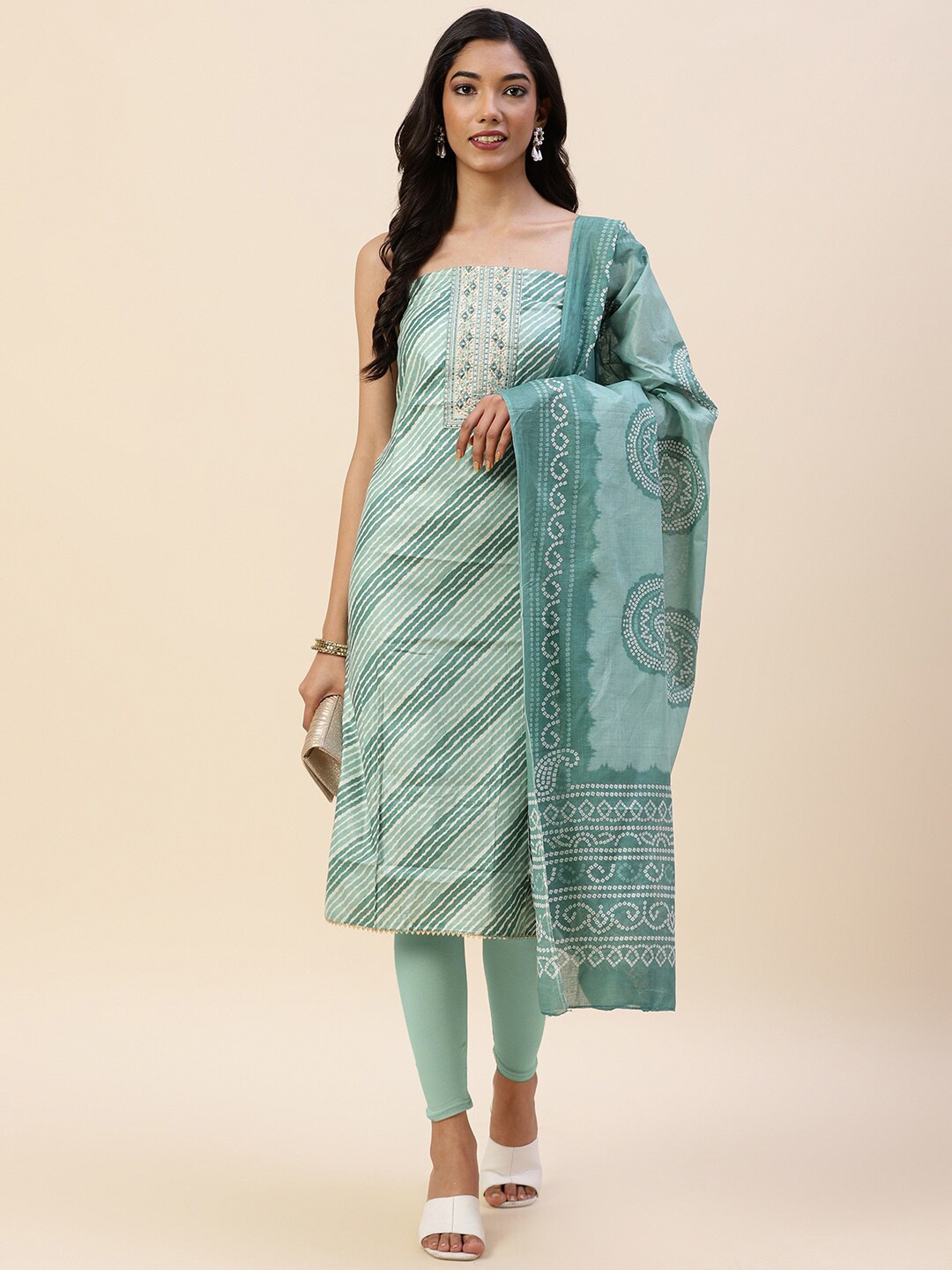 

Meena Bazaar Green & White Printed Pure Cotton Unstitched Dress Material