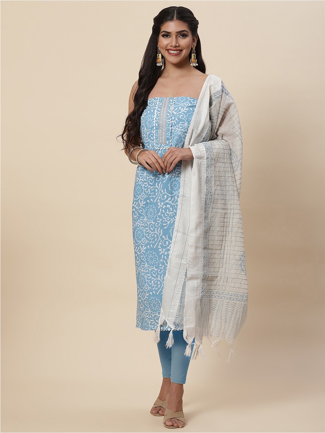 

Meena Bazaar Blue & White Printed Pure Cotton Unstitched Dress Material