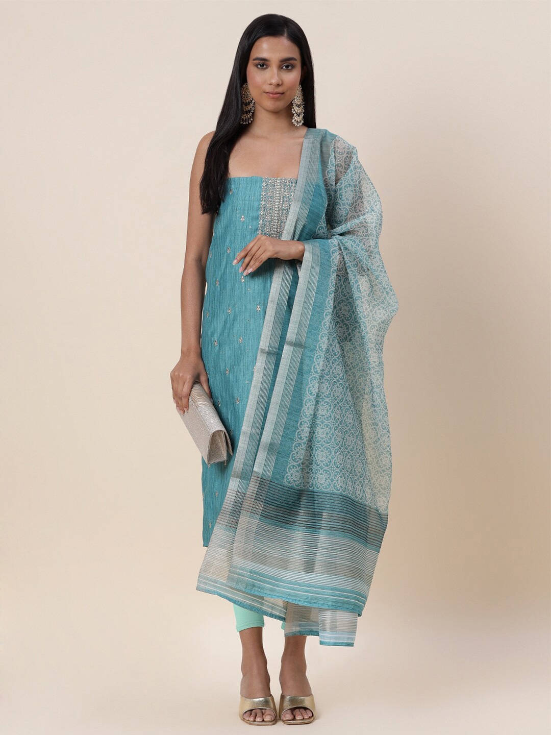 

Meena Bazaar Blue & White Embroidered Pure Silk Unstitched Dress Material