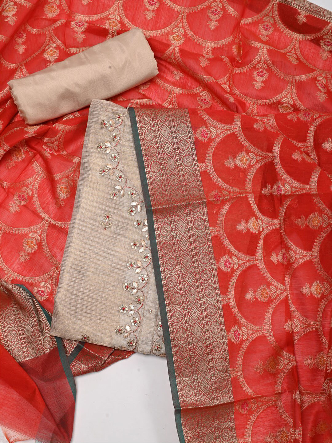 

Meena Bazaar Beige & Red Embroidered Pure Silk Unstitched Dress Material