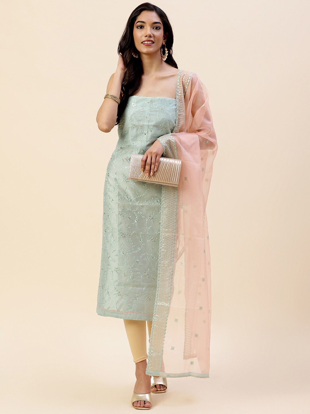 

Meena Bazaar Green & Pink Embroidered Pure Silk Unstitched Dress Material