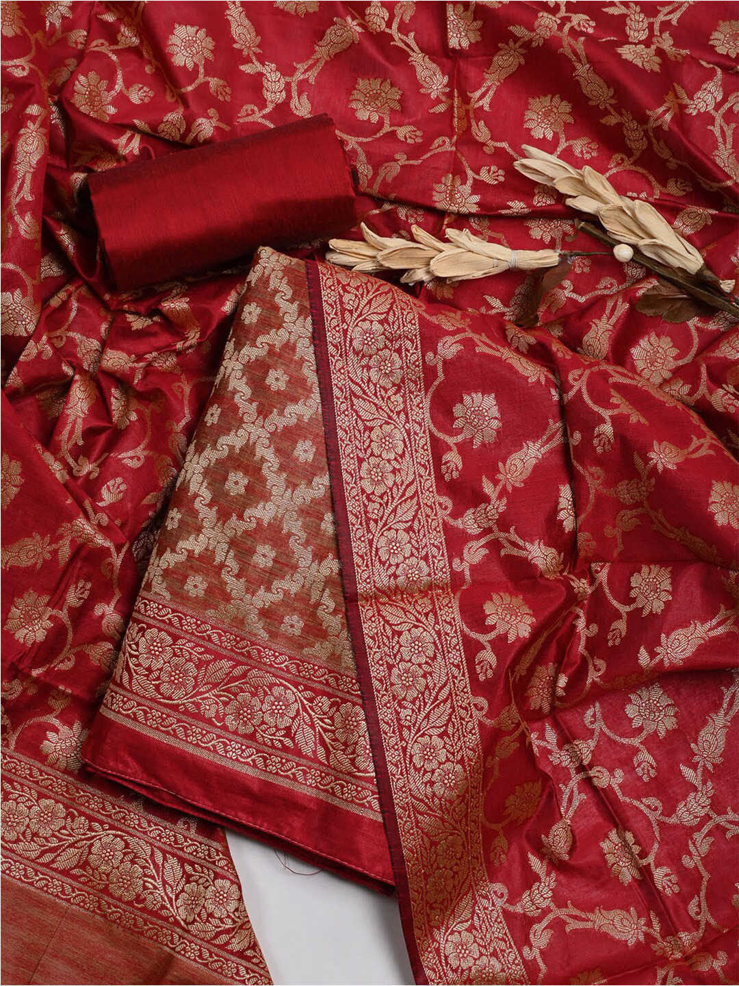 

Meena Bazaar Maroon & Gold-Toned Pure Silk Unstitched Dress Material