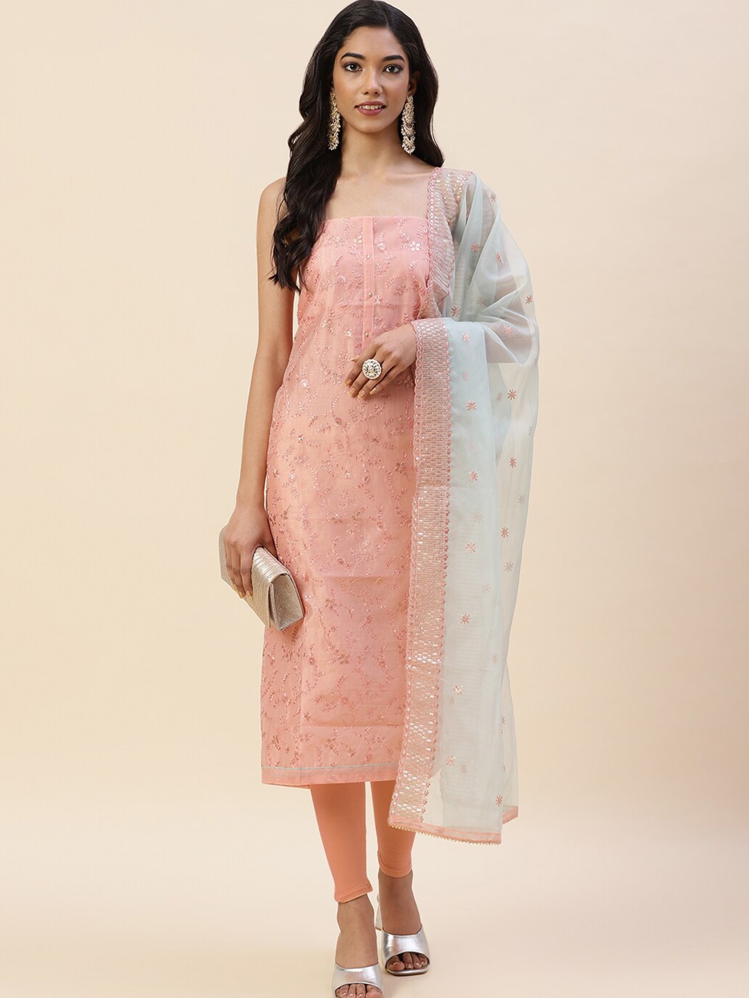 

Meena Bazaar Peach-Coloured & White Embroidered Pure Silk Unstitched Dress Material