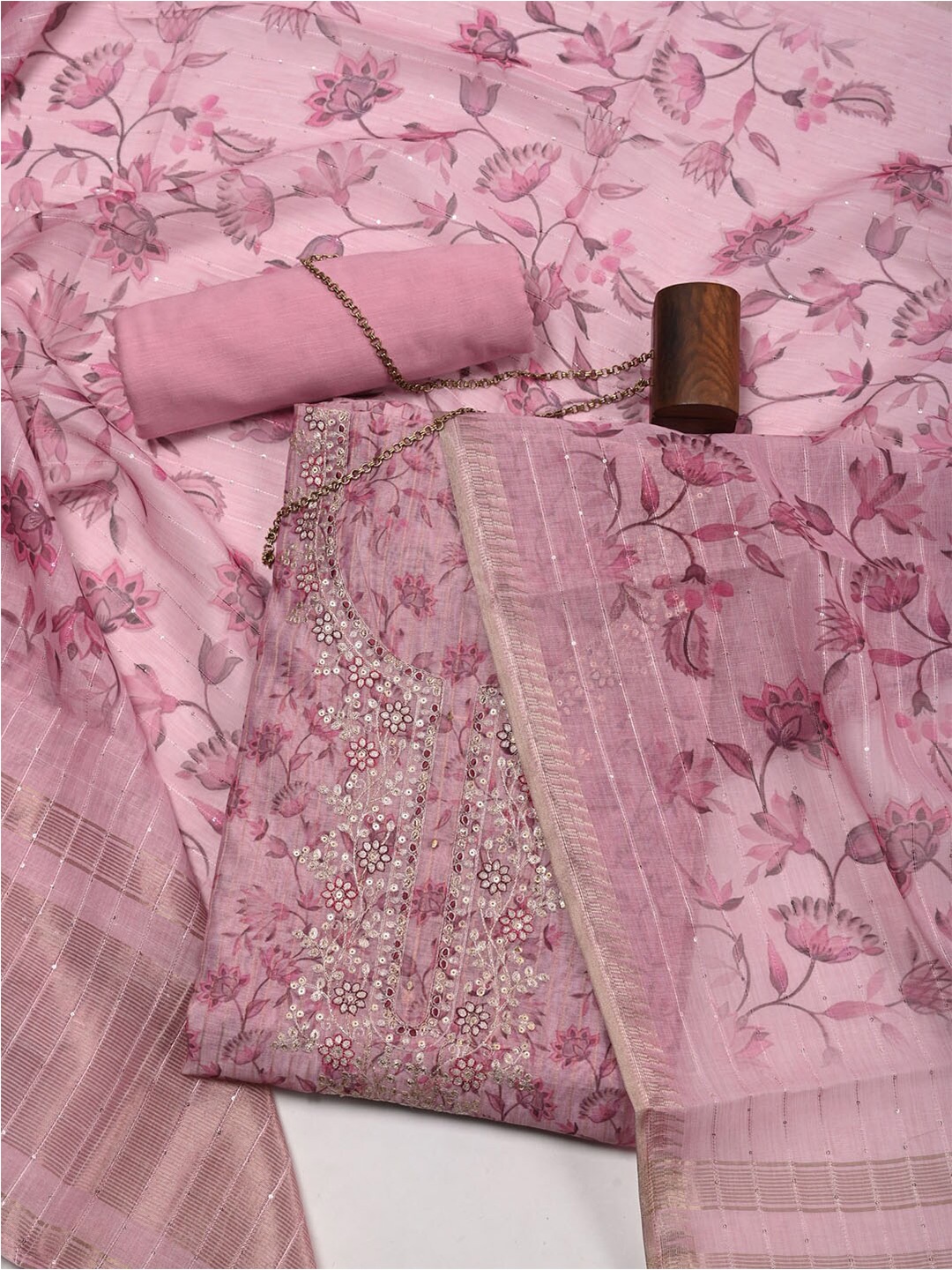 

Meena Bazaar Pink & Gold-Toned Embroidered Pure Silk Unstitched Dress Material