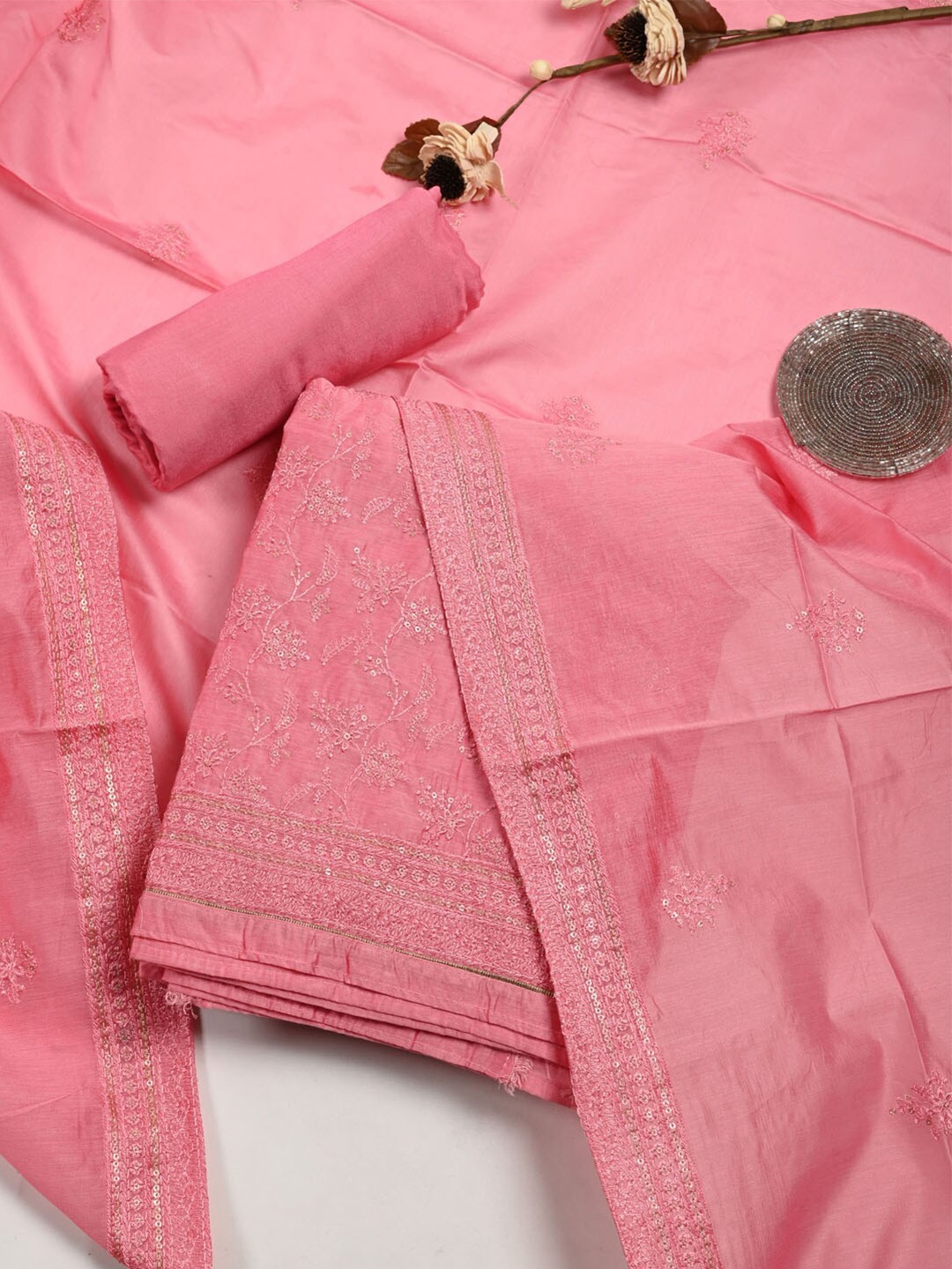 

Meena Bazaar Pink & Gold-Toned Embroidered Pure Silk Unstitched Dress Material