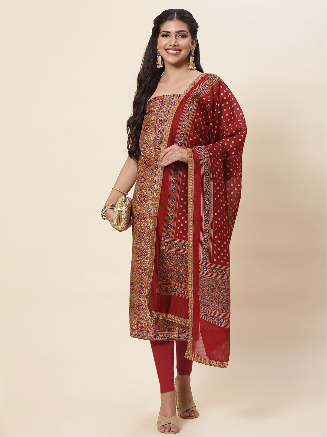 

Meena Bazaar Mustard & Red Printed Pure Silk Unstitched Dress Material