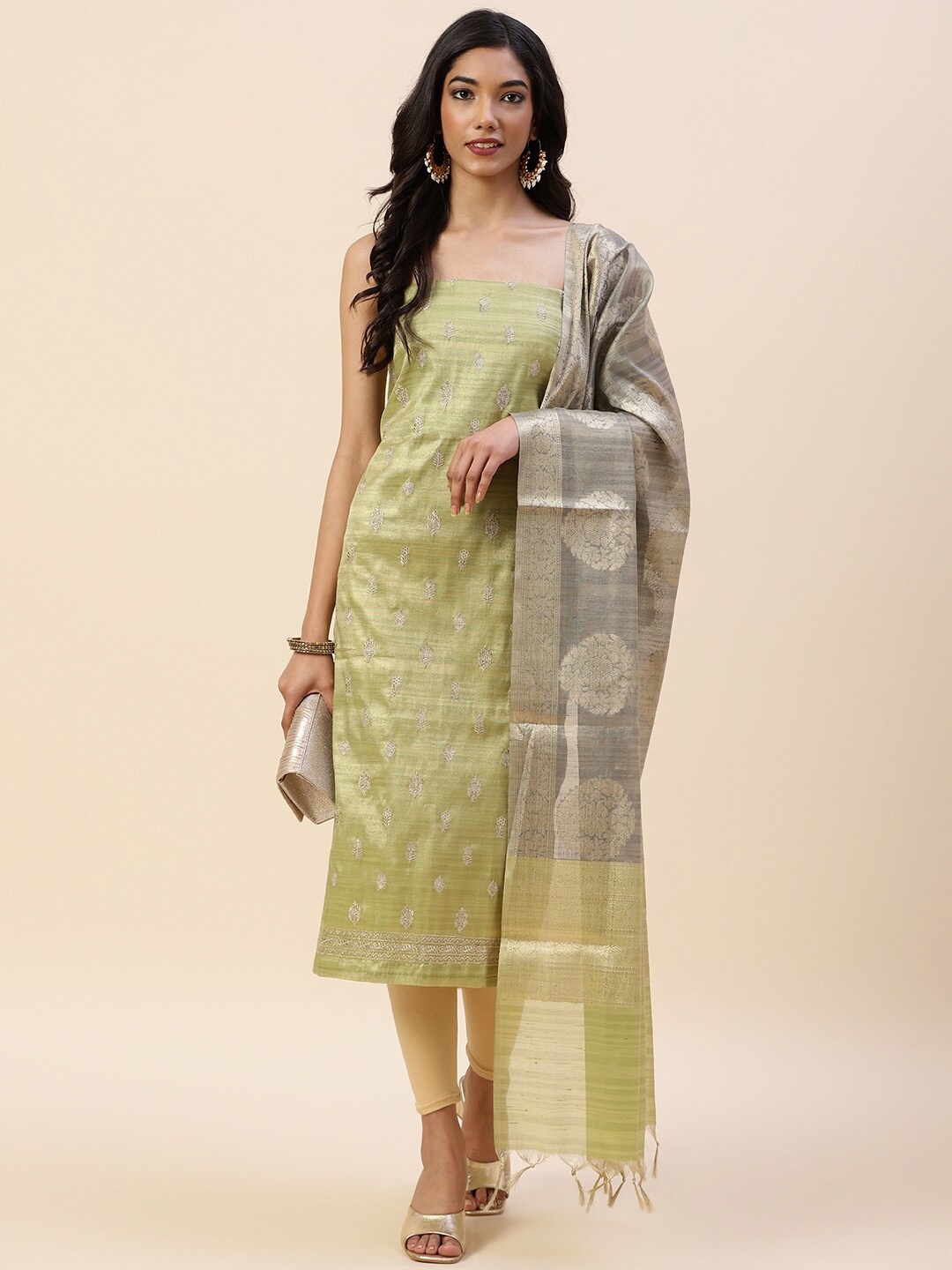

Meena Bazaar Green & Grey Printed Pure Silk Unstitched Dress Material