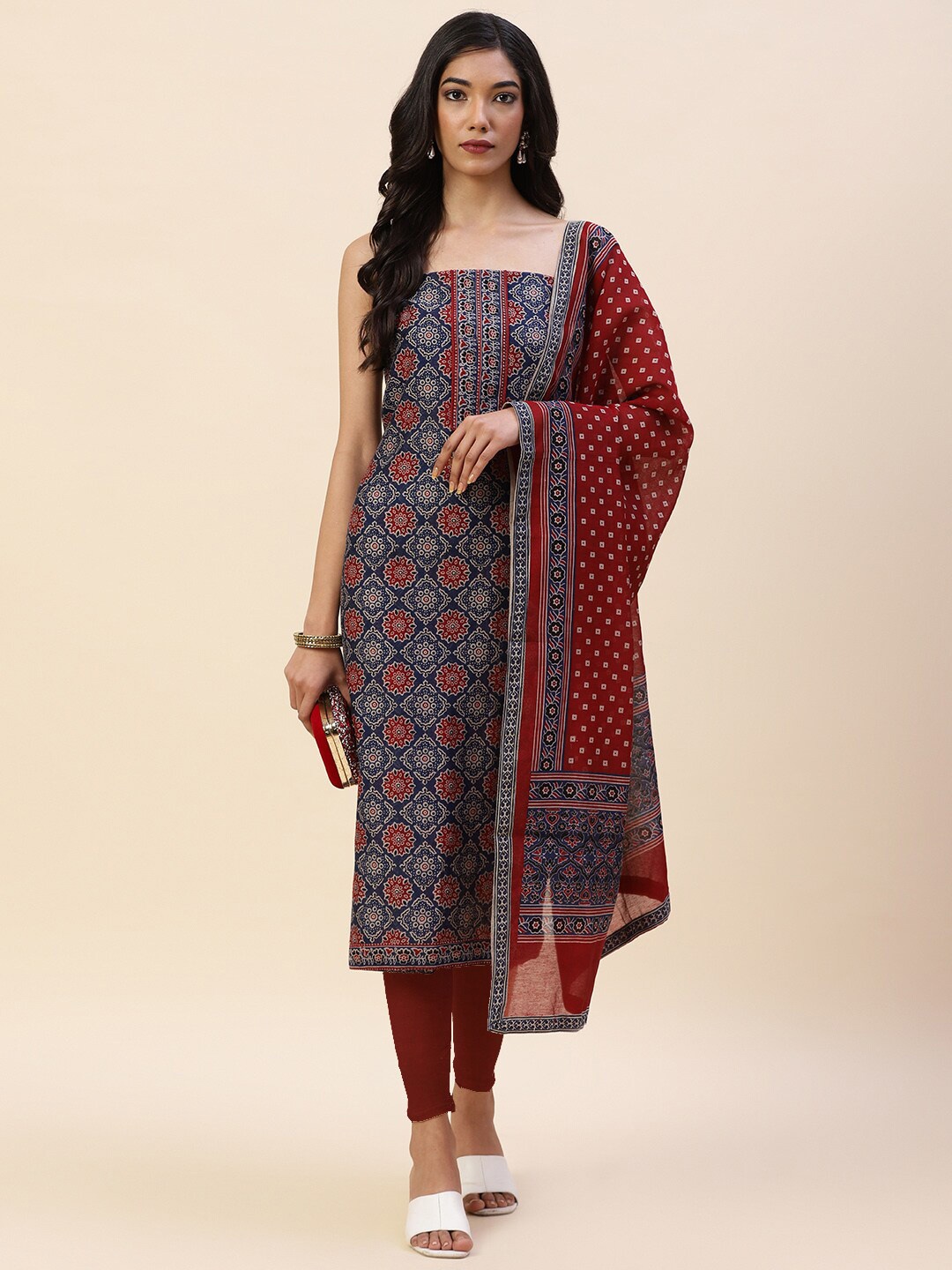 

Meena Bazaar Blue & Maroon Printed Pure Silk Unstitched Dress Material