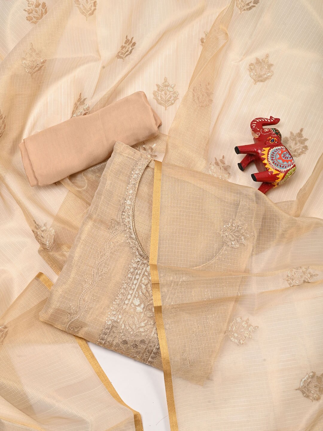 

Meena Bazaar Beige & Gold-Toned Embroidered Pure Silk Unstitched Dress Material