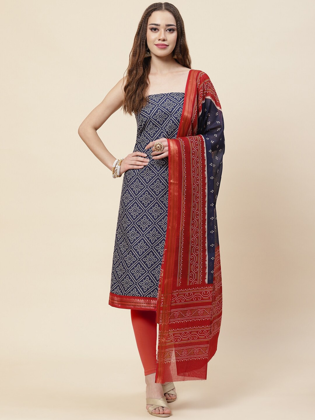 

Meena Bazaar Blue & Red Printed Pure Cotton Unstitched Dress Material