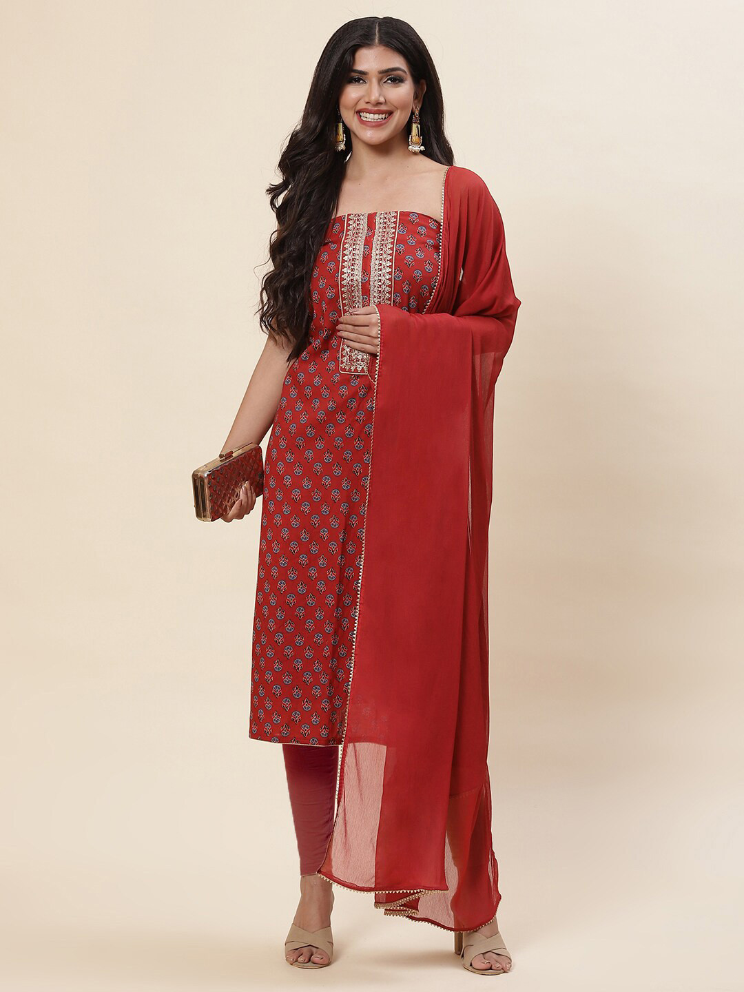 

Meena Bazaar Maroon & Blue Embroidered Pure Cotton Unstitched Dress Material